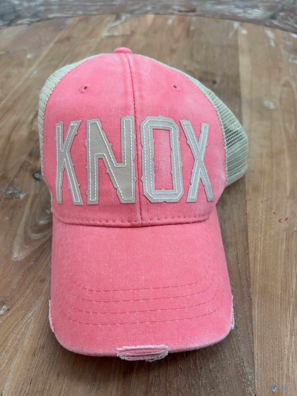 KNOX Embroidered Trucker Hat in Coral with Tan Mesh